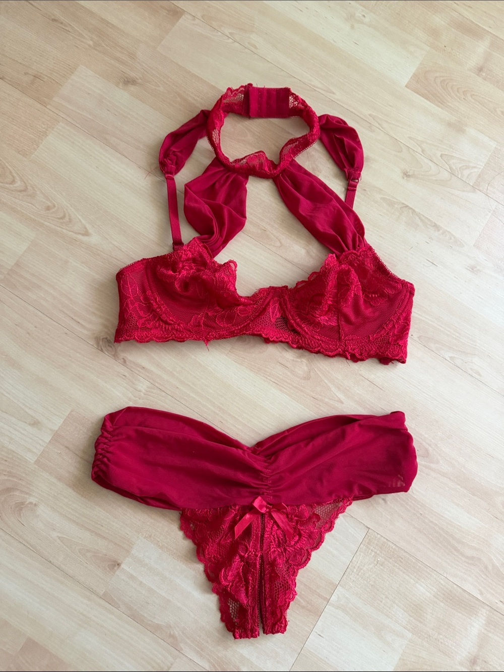 Frederick's of Hollywood Red Lace Halter Bra & Thong Set